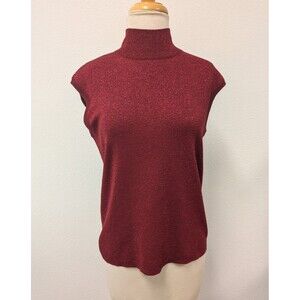 Y2K Coldwater Creek Red Glitter Silk Mock Neck Sleeveless Sweater Top sz M Xmas